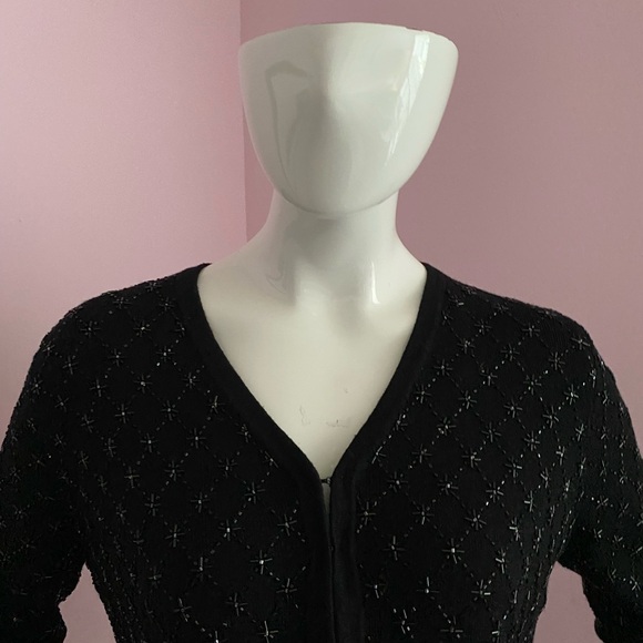 Vintage 90s Ann Taylor Beaded Cardigan V-neck Merino Wool Black Bugle Beads - Picture 3 of 15